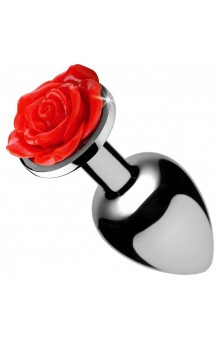 Серебристая анальная пробка с розой Red Rose Butt Plug - 8 см.