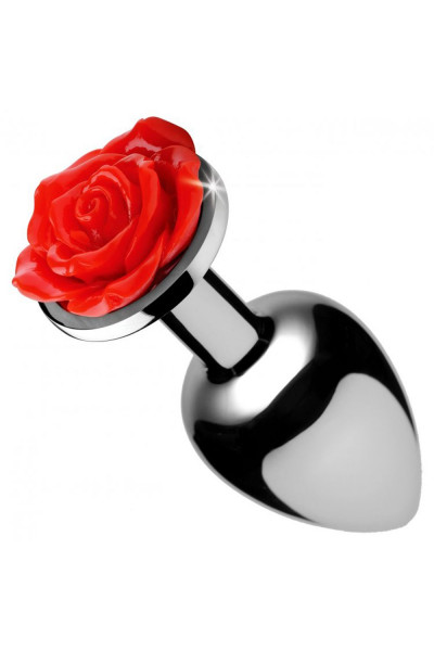 Серебристая анальная пробка с розой Red Rose Butt Plug - 8 см.