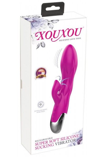 Лиловый вибратор-кролик Super Soft Silicone Sucking Vibrator - 20 см.