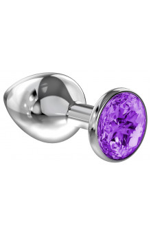 Малая серебристая анальная пробка Diamond Purple Sparkle Small с фиолетовым кристаллом - 7 см.