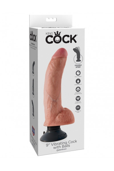 Телесный виброфаллос со съемной присоской 9  Vibrating Cock with Balls - 22,9 см.