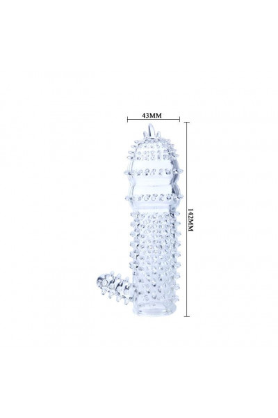 Прозрачная насадка на пенис с шипами и стимулятором клитора - 14,2 см.