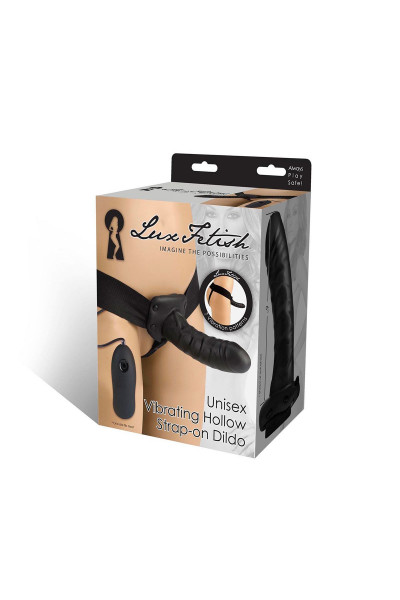 Чёрный полый страпон с вибрацией Unisex Vibrating Hollow Strap-On - 14 см.