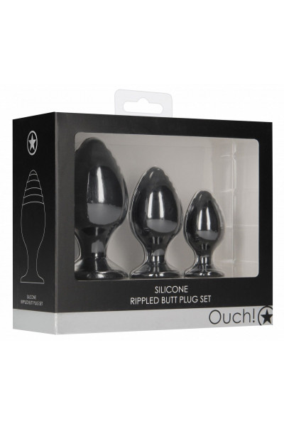 Набор из 3 черных анальных пробок Rippled Butt Plug Set