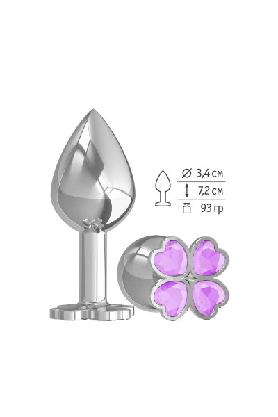Средняя серебристая анальная втулка с клевером из сиреневых кристаллов - 8,5 см.