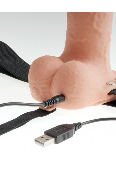 Телесный перезаряжаемый вибрострапон 7  Hollow Rechargeable Strap-on with Balls - 20,3 см.