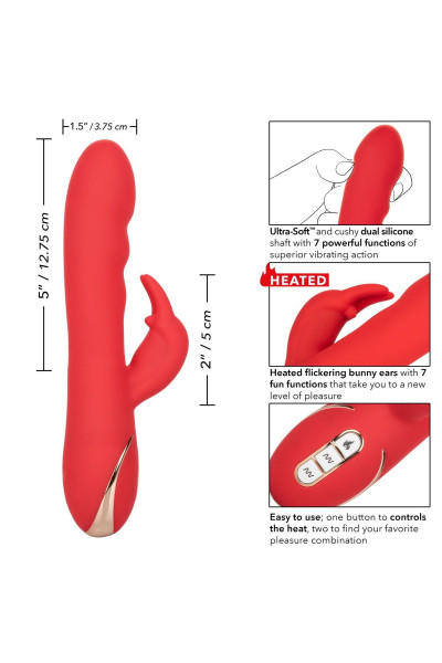 Красный вибромассажер-кролик с функцией нагрева Heated Silicone Ultra-Soft Rabbit - 21,5 см.