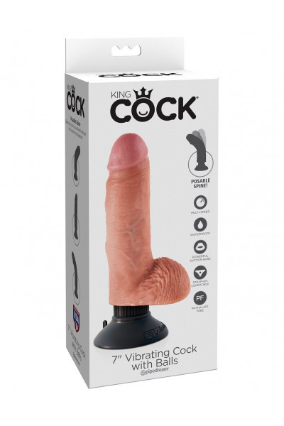 Телесный вибратор с мошонкой и съемной присоской 7  Vibrating Cock with Balls - 17,8 см.