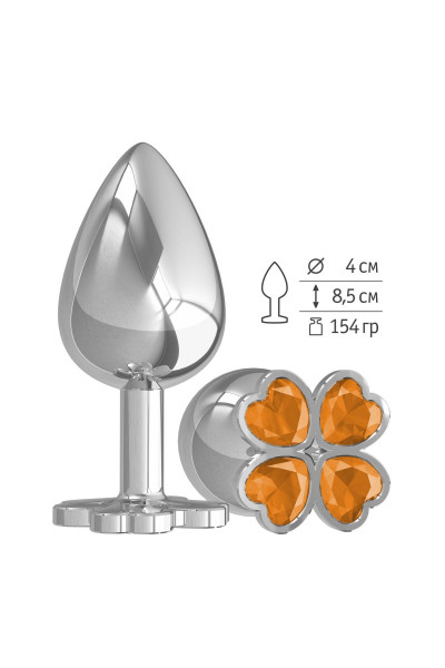 Серебристая анальная пробка-клевер с оранжевым кристаллом - 9,5 см.