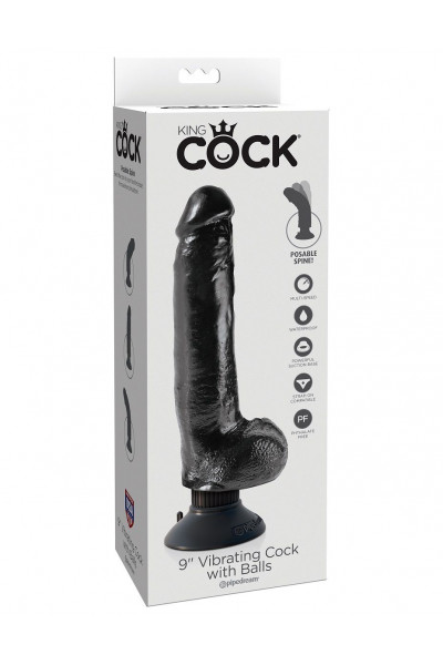 Чёрный виброфаллос со съемной присоской 9  Vibrating Cock with Balls - 22,9 см.