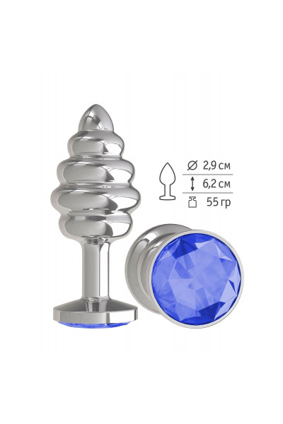 Серебристая пробка с рёбрышками и синим кристаллом - 7 см.