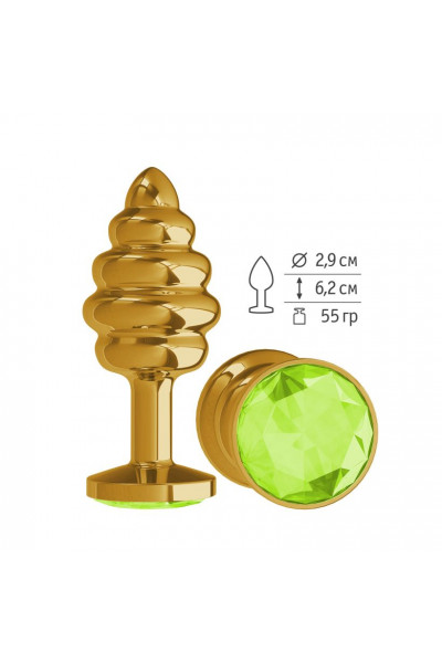 Золотистая спиралевидная анальная пробка с салатовым кристаллом - 7 см.