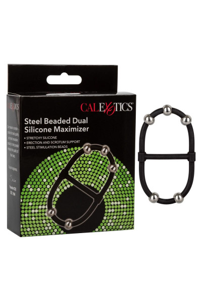 Черное эрекционное кольцо с бусинами Steel Beaded Dual Silicone Maximizer